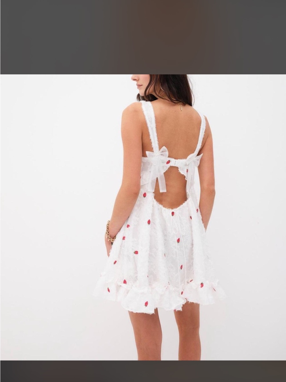 For Love And Lemons - White Lace Mini Dress with Red Embroidered Strawberries